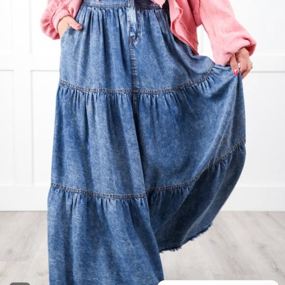 Blue Velvet - Denim Tiered Maxi Skirt with Smocking Detail - Medium Wash - XL - - Picture 2 of 8